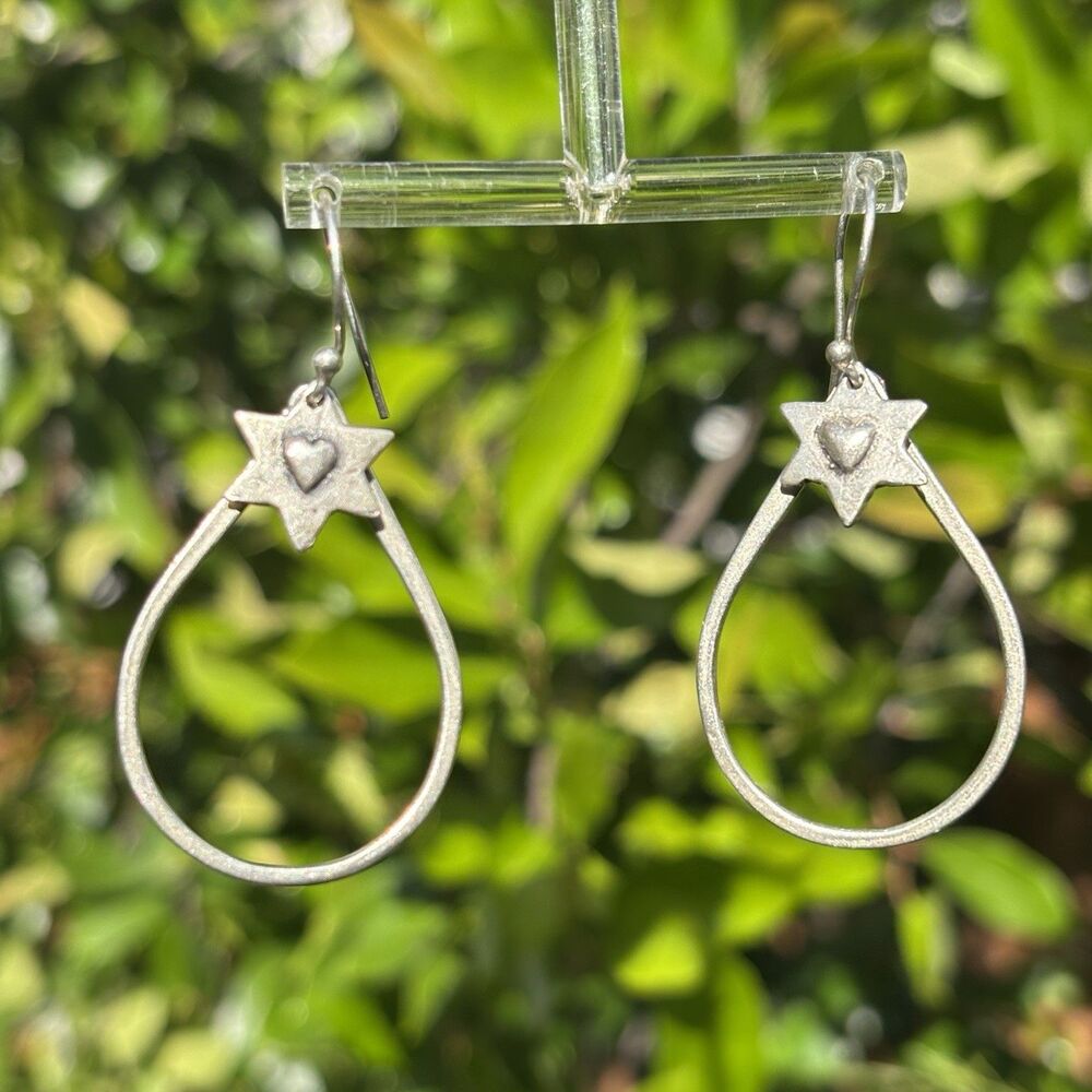 Vintage Sterling Silver Star Heart Teardrop Hoop Earrings Artisan Dangle 2”